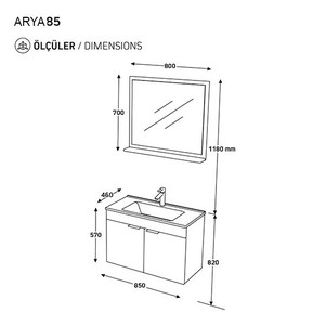  Biani Fix Arya 85 cm Mat Gri Banyo Dolabı