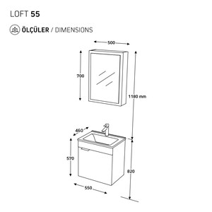  Biani Fix Loft 55 cm Mat Gri Banyo Dolabı